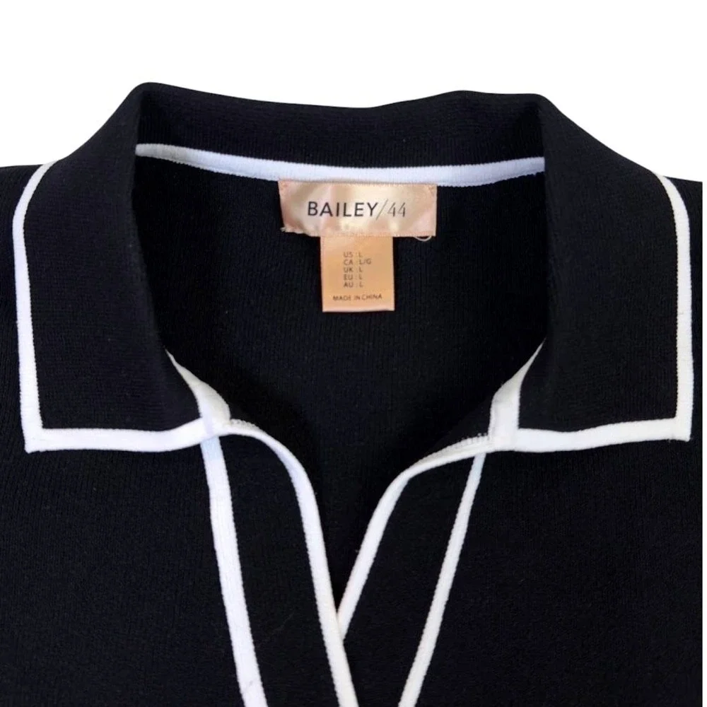 Bailey 44 Polo Sweater Women L Pearl Button Black White Quiet Luxury  Office